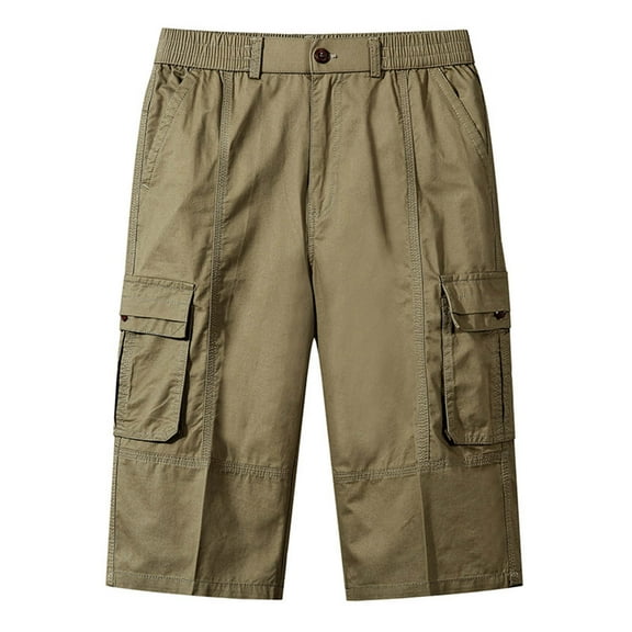 Diufon Cotton Mens Shorts Elastic Waist Shorts with Multi Pockets Solid Color Knee Length Shorts