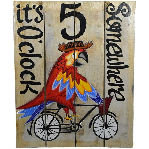 Hand Carved Wooden It's Five 5 O'CLOCK Somewhere Cocktail Parrot Head on Bicycle Bike Stroll Bar Crawl Drinking Beach Sign