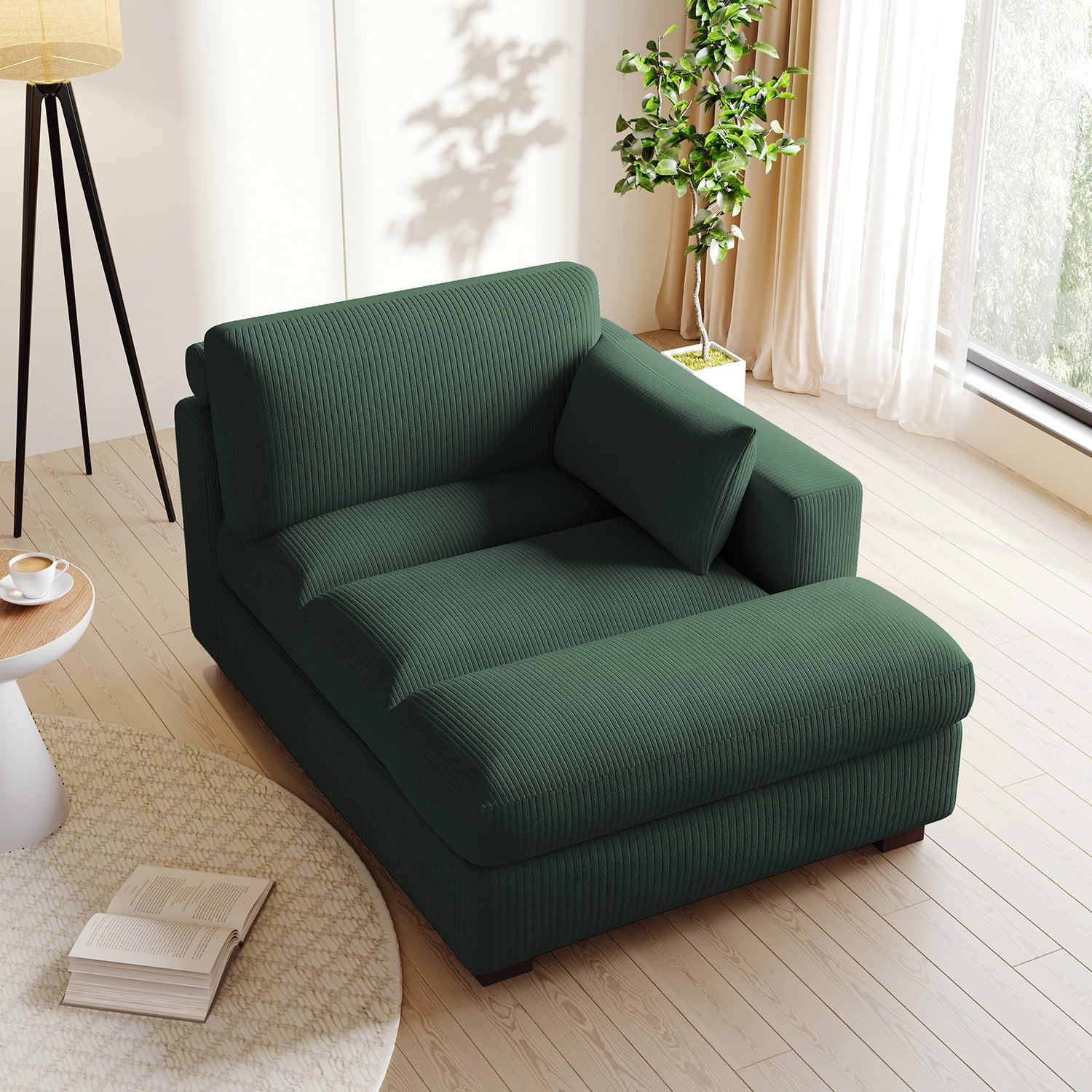 UIXE Chaise Lounge Indoor Upholstered Corduroy Sofa with Left Armrest for Living Room Bedroom, Hunter Green