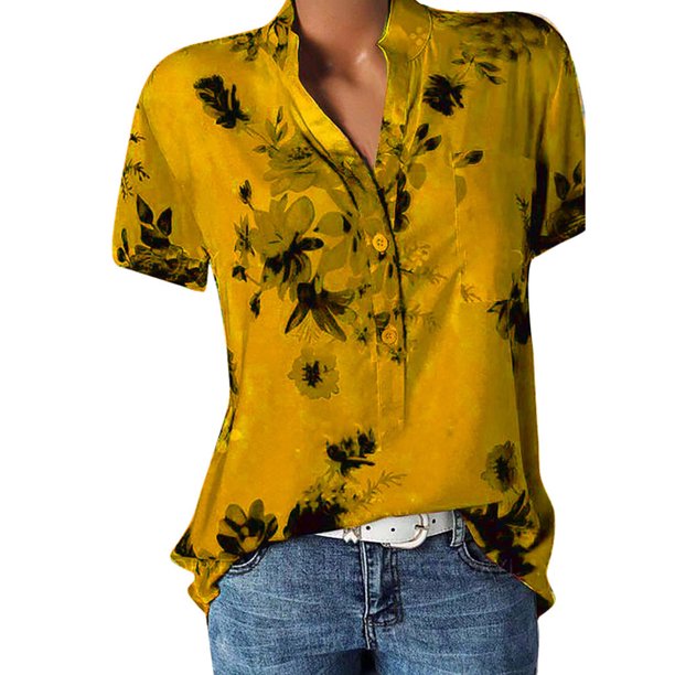 ICHUANYI Clearance Women Summer Fashion Short Sleeve V-Neck Printing Pocket Blouse T-shirt Tops(Yellow, XL) ICHUANYI WER2023080801669