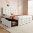 thumbnail image 3 of Homhougo King Size Bed Frame with 4 Storage Drawers and Headboard Adjustable, White Upholstered Platform Bed Frame King No Box Spring Needed with Wooden Slats Support, Noise Free, 3 of 9