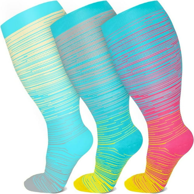 CHUANK 3 Paires de Chaussettes de Compression Grande Taille pour Femmes Hommes Mollet Large 20-30 mmHg Extra Large pour Soutien de Circulation Récupération TTG