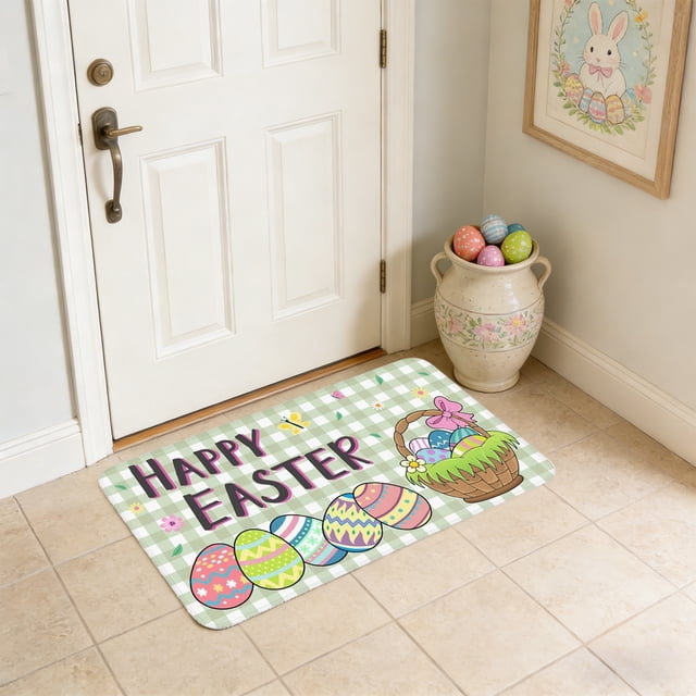 HCBY Easter Bunny Print Absorbent Doormat - Multi-functional Oil and Stain-Resistant Household Floor Mat for Home Decor