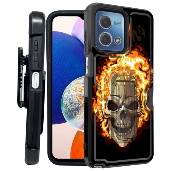 ANJ  Rugged Shockproof Kickstand Hybrid Case with Card Slot and Holster   Tempered Glass Cover for Motorola Moto G Stylus 5G (2023) - Fiery Skullcap