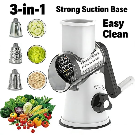 Rotary Cheese Grater with Suction Base Stainless Steel, Hand Crank Rotary Cheese Grater Handheld, 3-in-1 Manual Vegetable Slicer with Handle for Kitchen Shredding - White