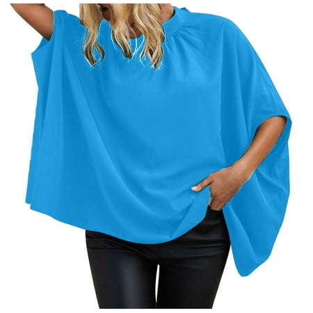 

Blouses for Women Business Casual Women Casual Three Quarter Sleeve Round Neck Polluer Blouse Tops Loose Short Sleeve Blouses for Women Business Casual Sky Blue XXL