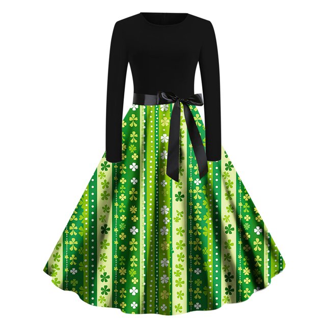 RKSTN Robe Femme Manches Longues Col Rond Imprimé de Noël Nœud Papillon avec Taille Ourlet Cintré Robe d'Été Décontractée