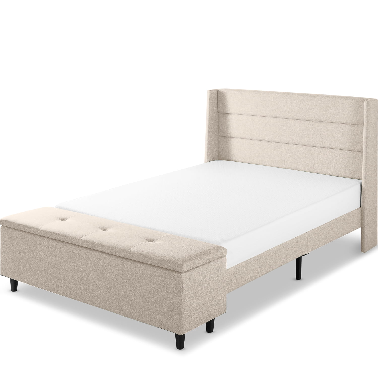 Mellow Peekaboo Upholstered Platform Bed with Wingback Headboard and Storage Bench, Beige, Queen