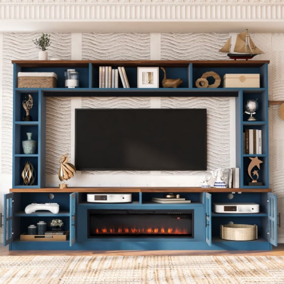 MINESTIA 95.5" W Wall Unit Entertainment Center with Bookshelves for TVs up to 80", Modern TV Console Table with Electric Fireplace Cabinets & Adjustable Shelves for Living Room