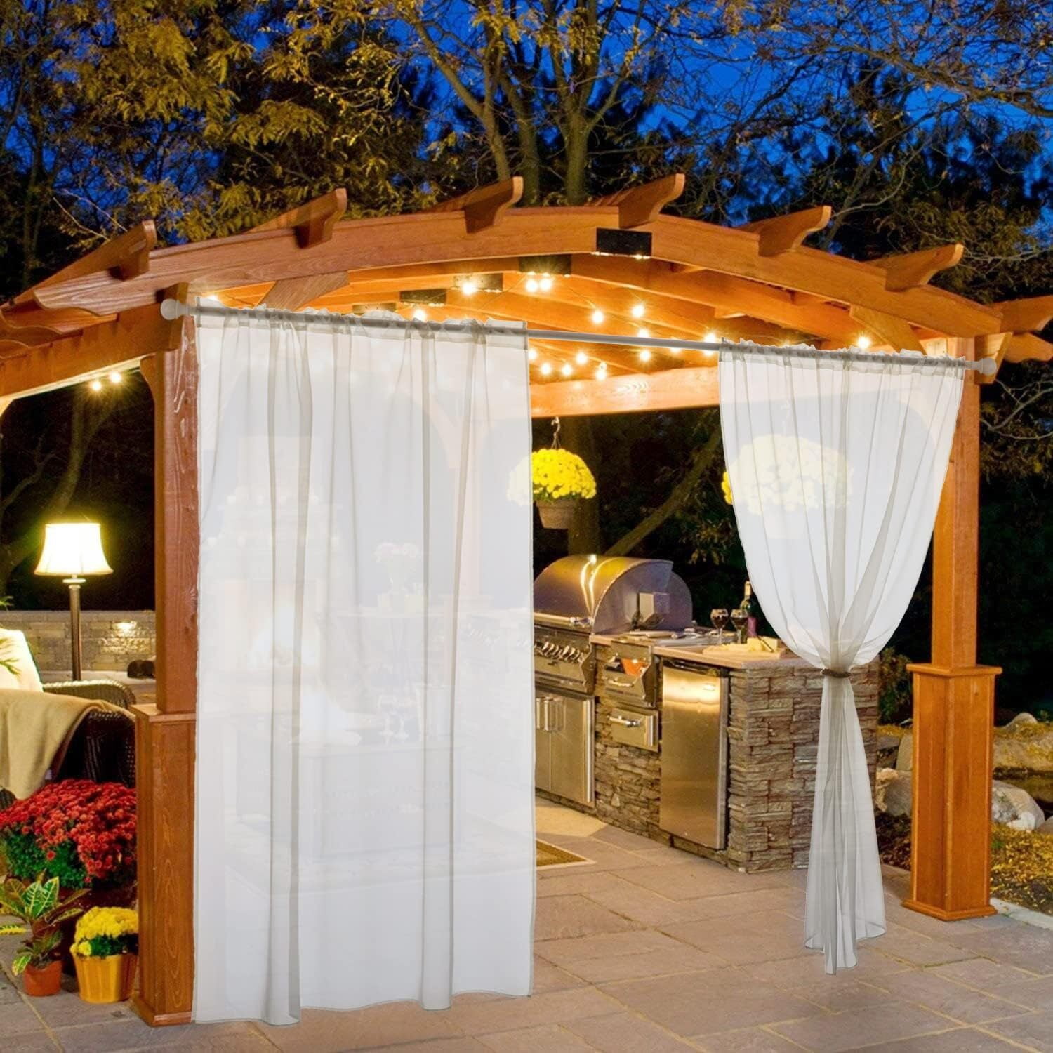 GoXteam Outdoor Sheer Curtains for Patio Waterproof, 2 Panels Rod Pocket Indoor/Outdoor Voile White Sheer Curtain for Pergola, Porch, Cabana and Gazebo, 52 x 84 inch, White