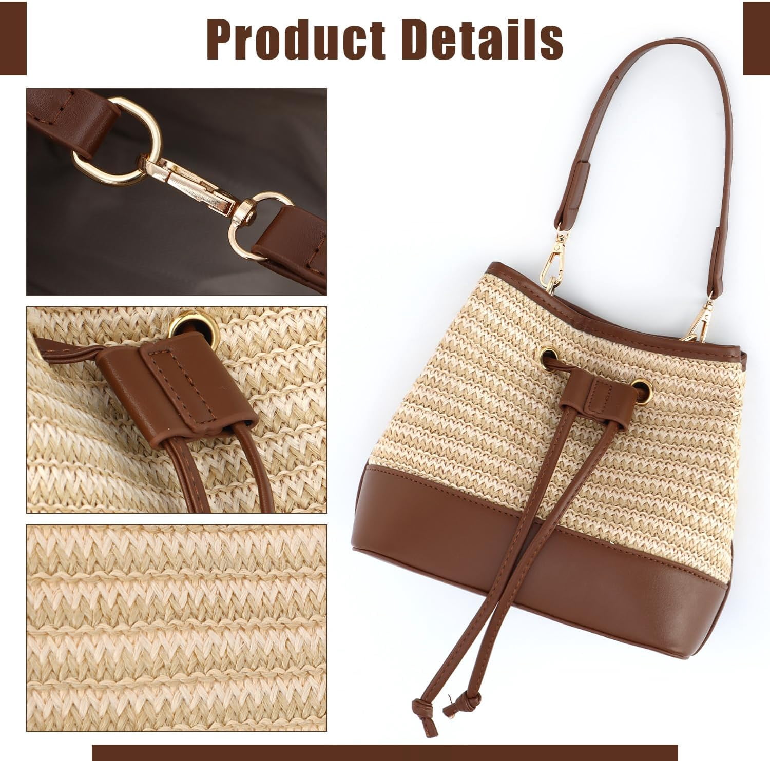 Straw Drawstring Shoulder Bag Bucket Bag for Women Summer Handwoven Beach Vacation Handbag Crossbody Bag