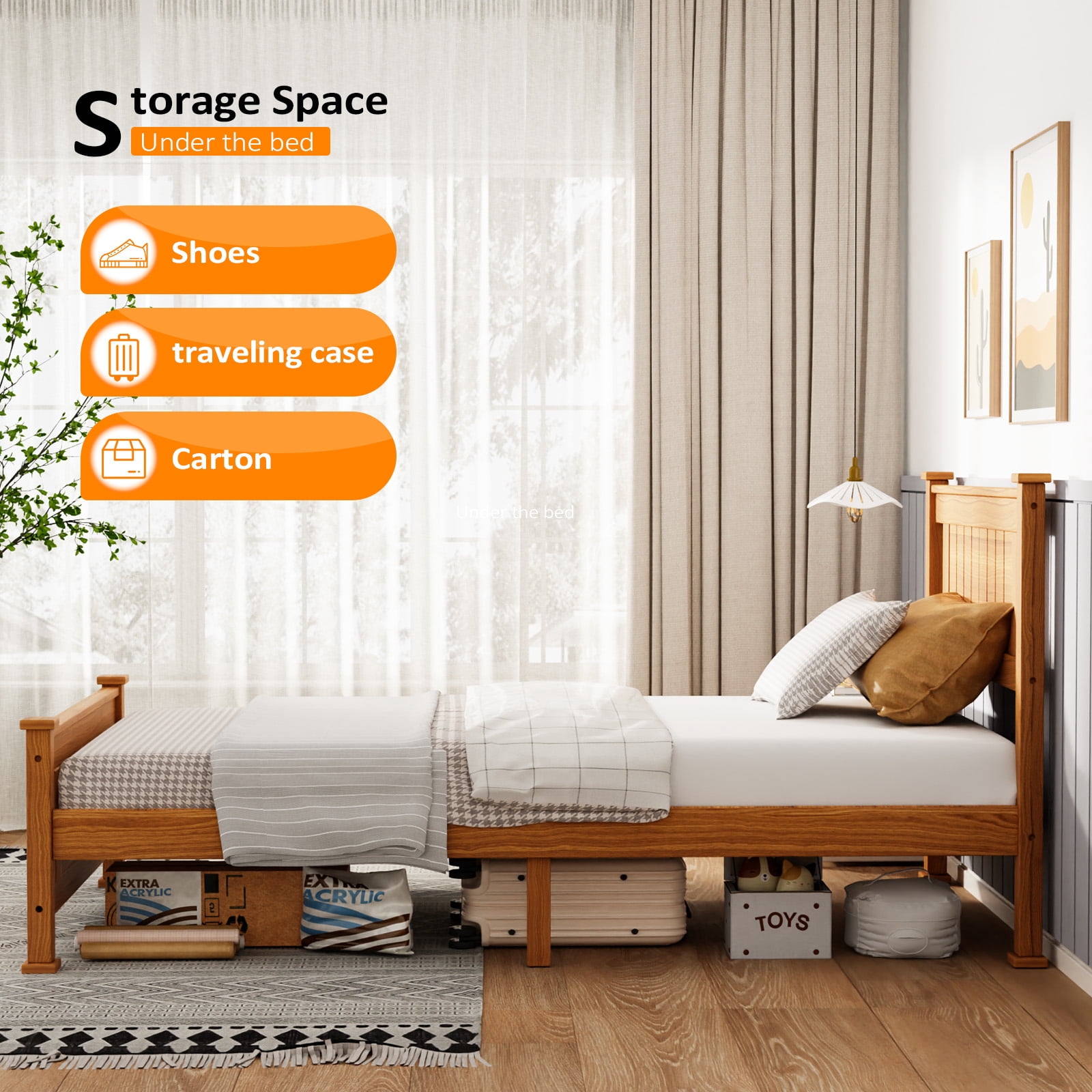 Zimtown Twin Bed Frame,Solid Pine Wood Platform Bed Frame, Bedroom Bed with Headboard, Brown