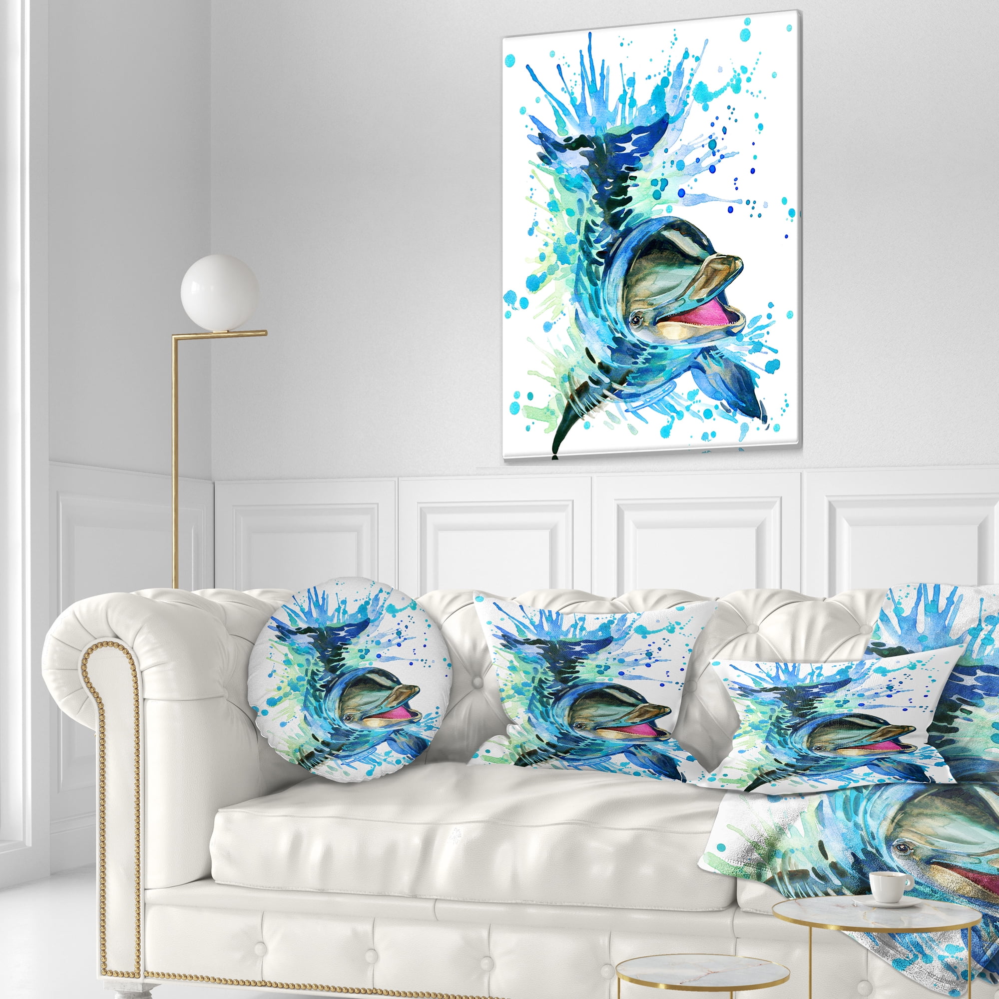 Designart Large Blue Dolphin Watercolor - Contemporary Animal Throw Pillow - 12x20