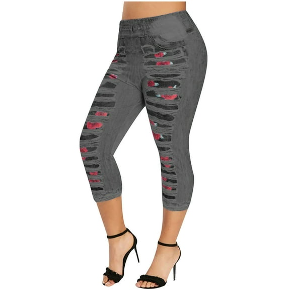 Leggings for Women under $5! Cagogo Faux Denim Leggings for Women Plus Size High Waisted Yoga Pants Capri Jeggings Short Tights Stretch Denim Jeans