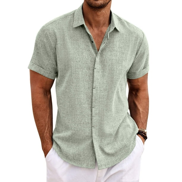 Camisa Casual de Lino para Hombre, Talla Grande, Verde Claro - Ideal para Playa y Yoga