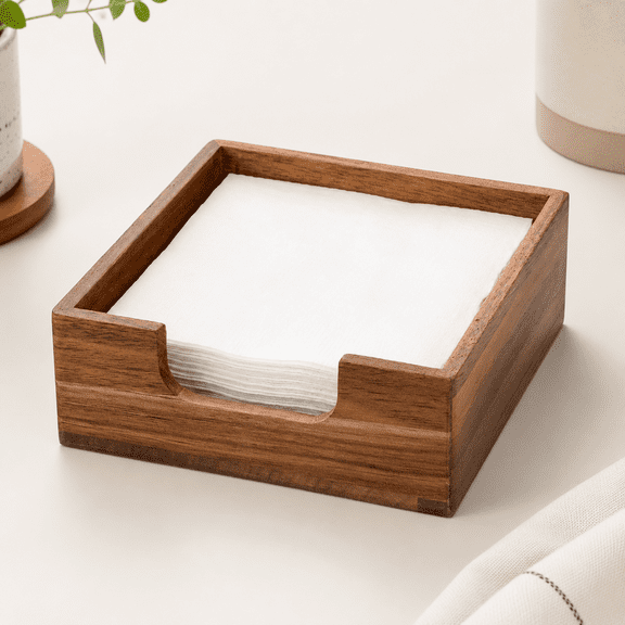 Acacia Cocktail Napkin Holder for Table, Wooden Napkin Holder, Flat Square Beverage Napkin Tray, Farmhouse Cocktail Napkin Caddy for Bar, Party, Dinner, Kitchen Dining Table
