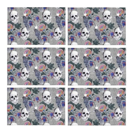 

MKHERT Halloween Watercolor Gothic Floral Paisley Flowers Skull and Raven Placemats Table Mats for Dining Room Kitchen Table Decoration 12x18 inch Set of 6