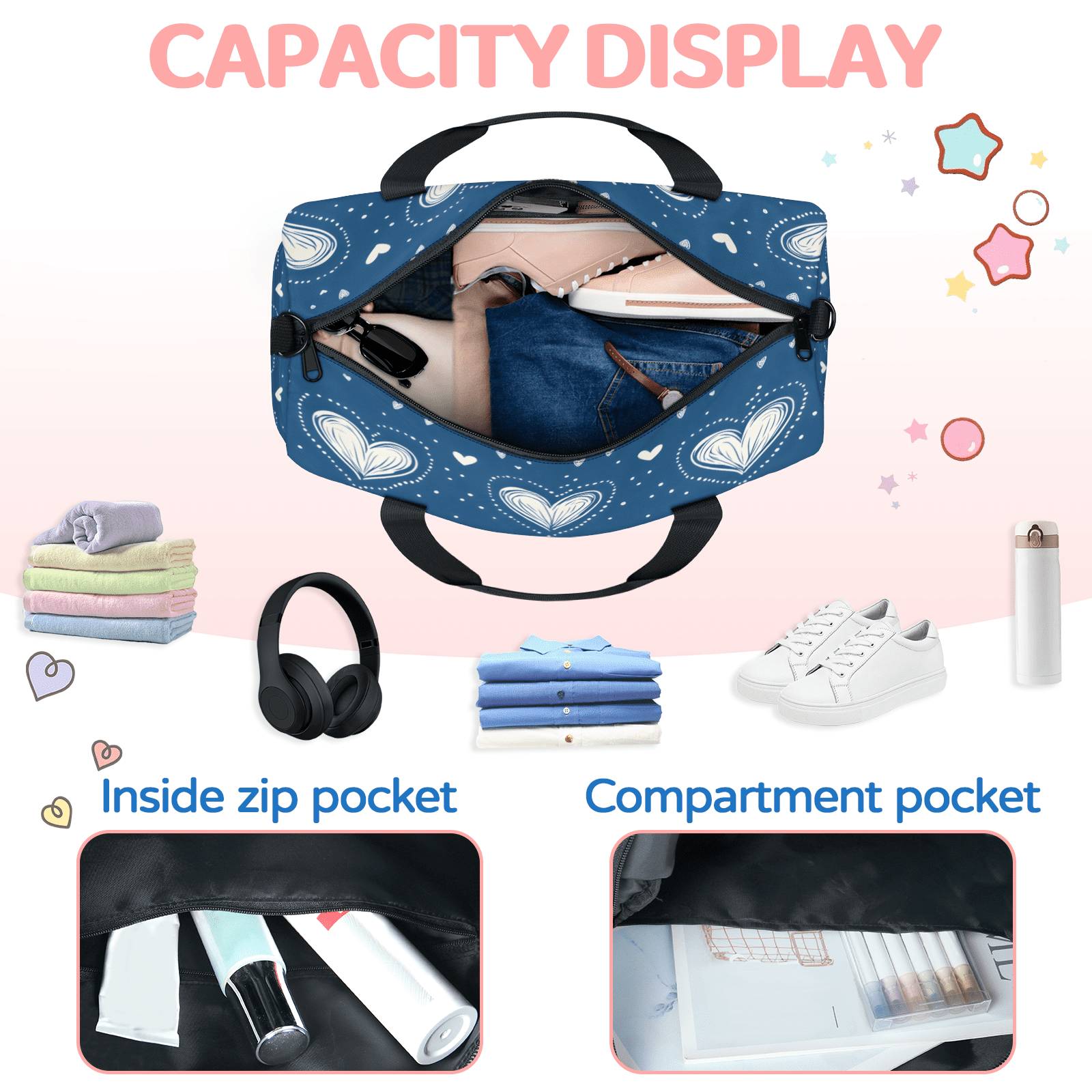 Herdesigns Love Gym Bag for Women, Duffle Bag for Travel Sport, Polka Dots Lightweight Waterproof Carry on Weekender Dance Yoga Workout Bags