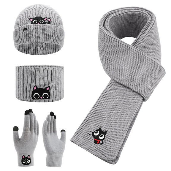Bocaoying 4 in 1 Knit Beanie Gloves Scarf Set for Women, 4-Piece Cat Ear Winter Knit Headband, Beanie, Scarf Combo with Winter Gloves Gift-Ready for Cat Lovers