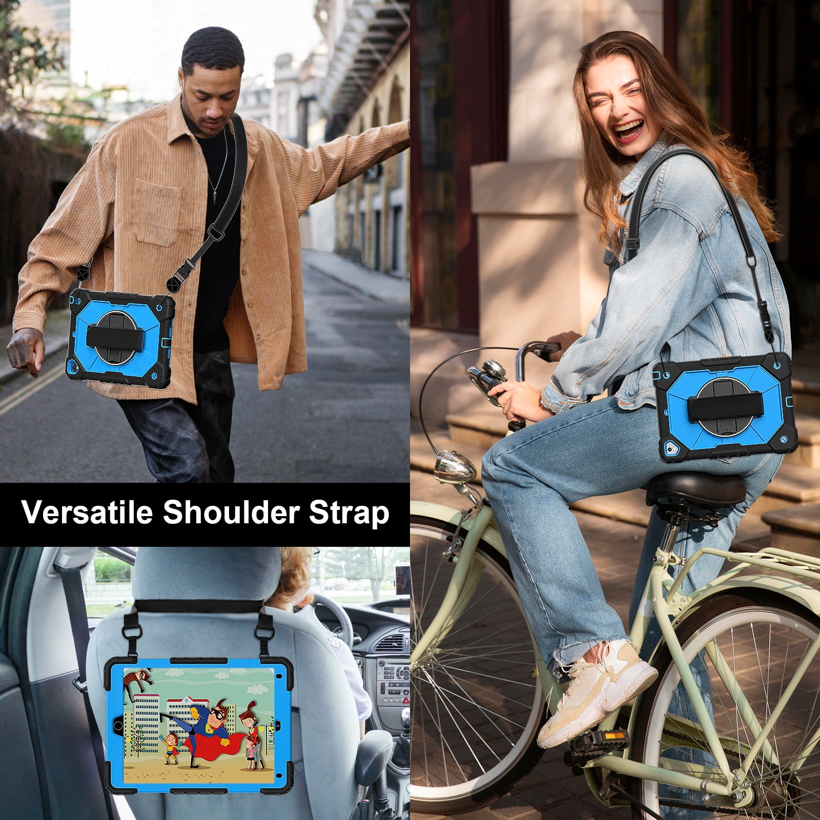 Shockproof Case for Apple iPad 6th 5th Generation 2018 2017 / iPad Air 2 9.7 Inch, Rotating Kickstand Pencil Holder Shoulder Strap Hand Strap Kids Friendly Bumper Cover, Blue+Black