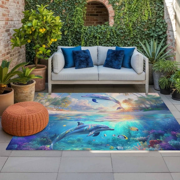Outdoor Rug 3x5ft Dolphin Large Area Rug Ocean Animal Tropical Coconut Indoor Outdoor Carpet Outdoor Rugs Mats for Patio Camping,RV,Front Door, Outside Decor