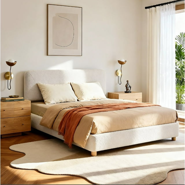 Full Size Boucle Bed Frame - Upholstered Cloud Bed Frame with Adjustable Headboard, Solid Wood Legs, Rounded Corners, Easy Assembly, Marshmallow BedFrame, Cream