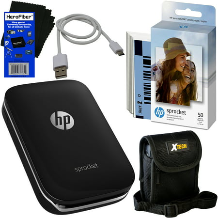 HP Sprocket Photo Printer, Print Social Media Photos on 2x3 Sticky-Backed Paper (Black) + Photo Paper (60 sheets) + Protective Case + USB Cable + HeroFiber® Gentle Cleaning (Best Media For Cleaning Brass Cases)