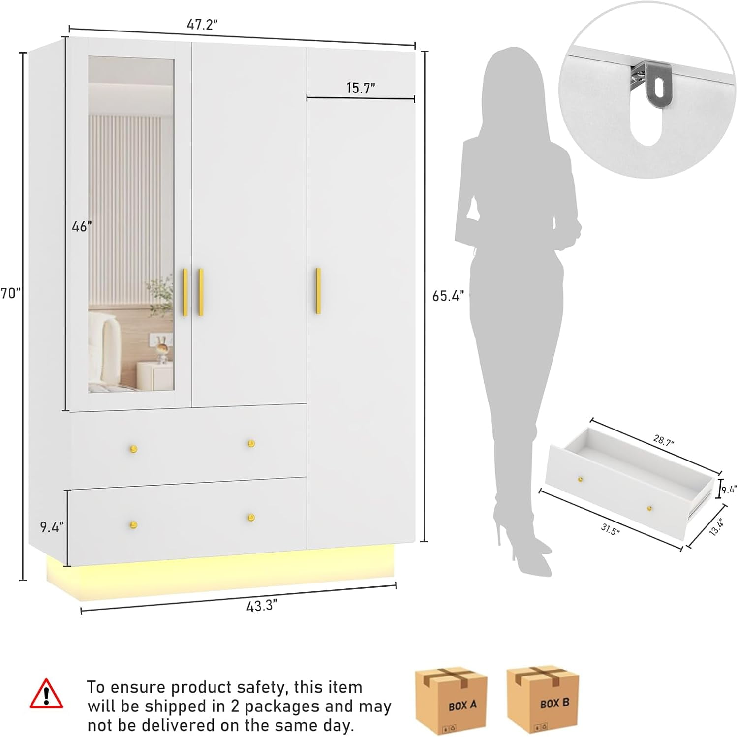 3 Doors Armoire Wardrobe Closet with Mirror and LED Lights, Armoire with Doors and Drawers, Modern Wooden Armoire Wardrobe Closet with Hanging Rod for Bedroom