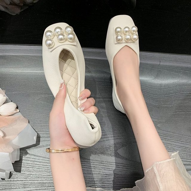 2022 nueva moda de primavera, zapatos de tacón con punta cuadrada para mujer, zapatos de perlas con punta cuadrada pequeña superior Natural, verde, Beige, amarillo, negro para mujer 37 Gao Jinjia LED