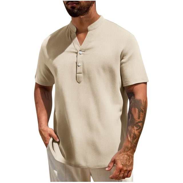 FAIWAD Summer Shirts for Men Casual Short Sleeve V Neck Button Up Tops Basic Dressy Business Work Blouses