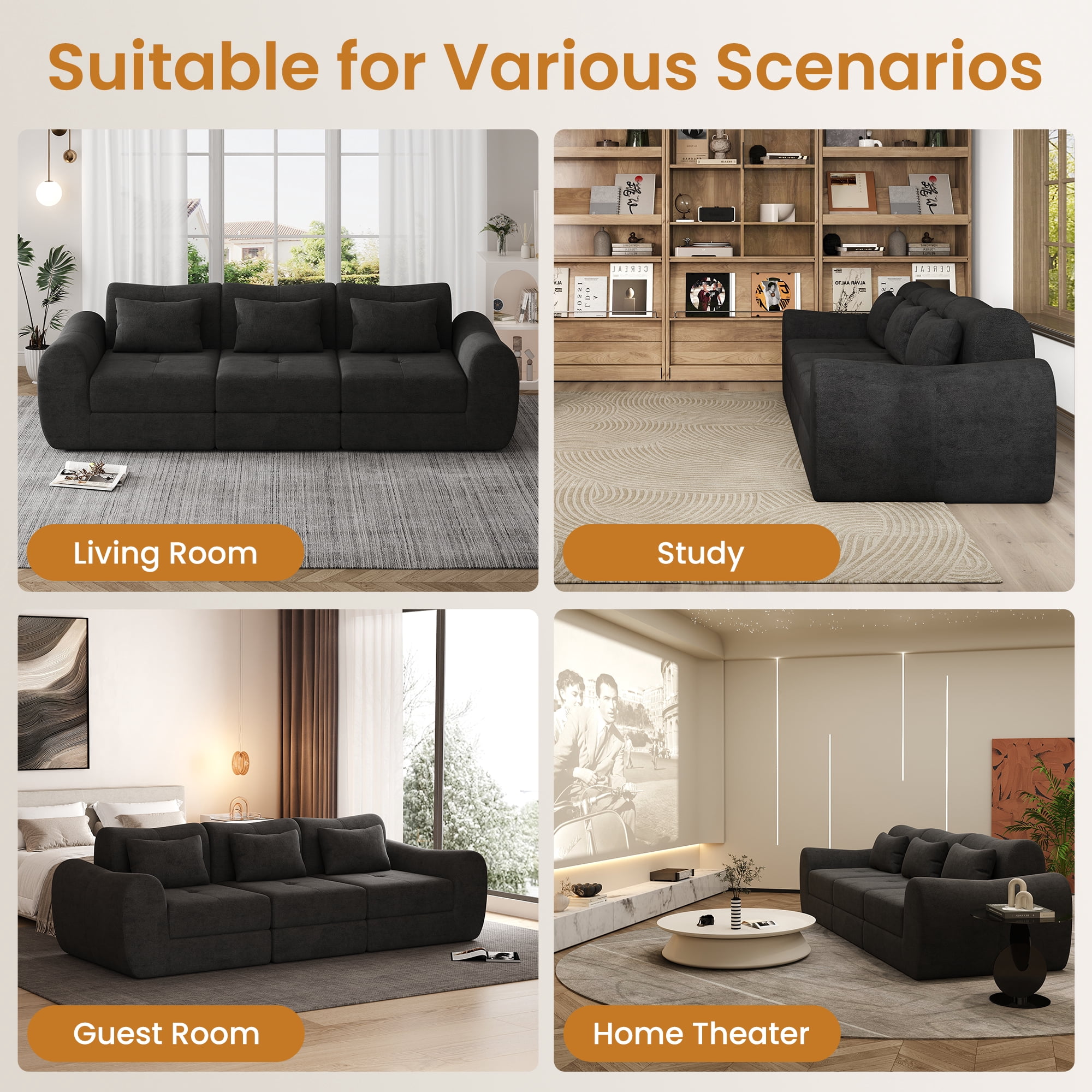 102" Modular Sectional Sofa with Chaise, 4-in-1 Modern Boneless Couch, 3 Seater Sofa with Extra Deep Seats, Folding Convertible Sofa Bed,Suitable for Living Room,Bedroom and Recreation Room (Black)