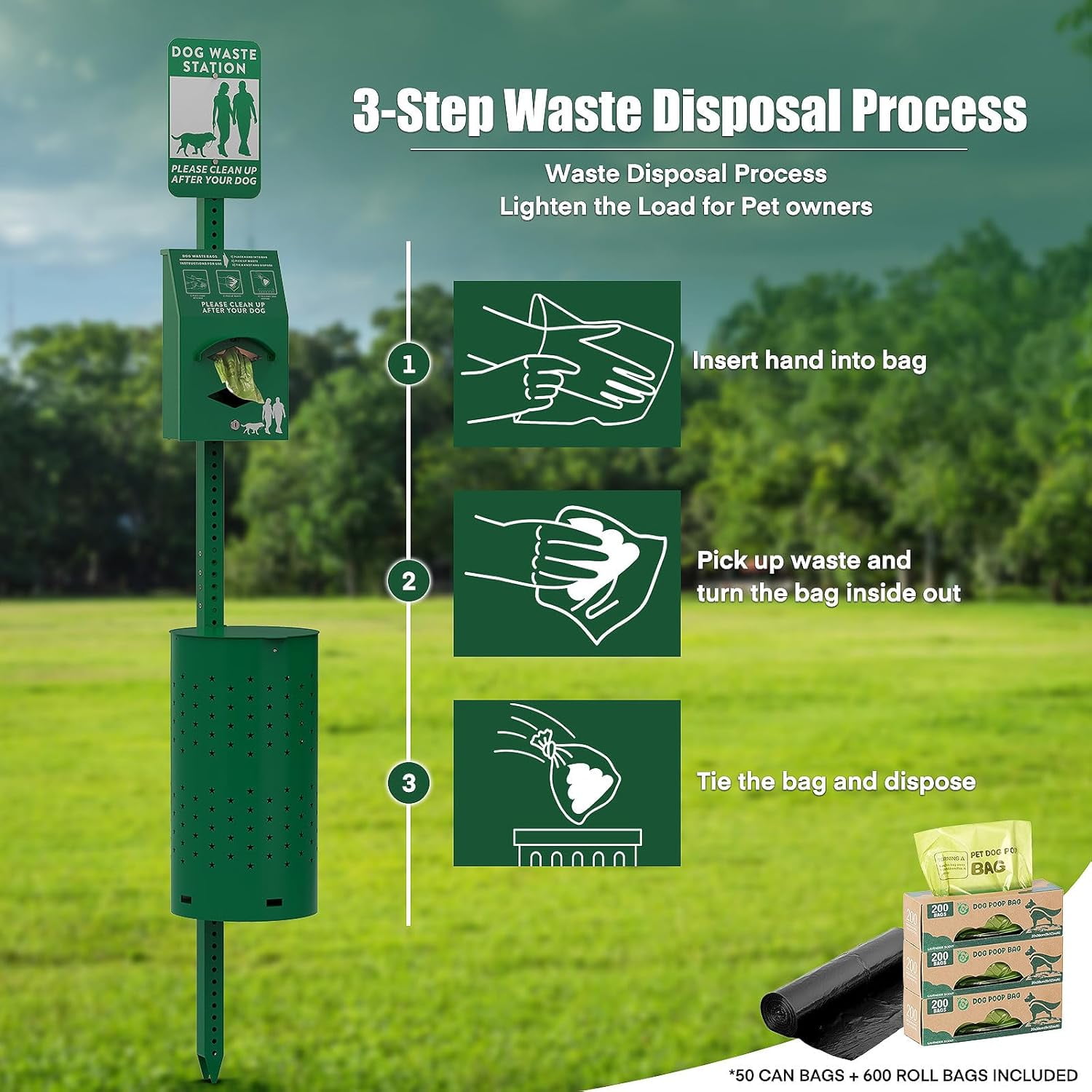 Metateel Dog Waste Station Outdoor, Pet Waste Disposal Station Rustproof Aluminum with 10 Gallon Trash Can, 600 Dog Poop Bags & 50 Liners for Parks, Trails, HOA Communities, Backyards