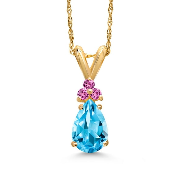 Gem Stone King 14K Yellow Gold Swiss Blue Topaz and Pink Created Sapphire Pendant Necklace for Women | 1.04 Cttw | Gemstone November Birthstone | Pear Shape 8X5MM | With 18 inch Chain