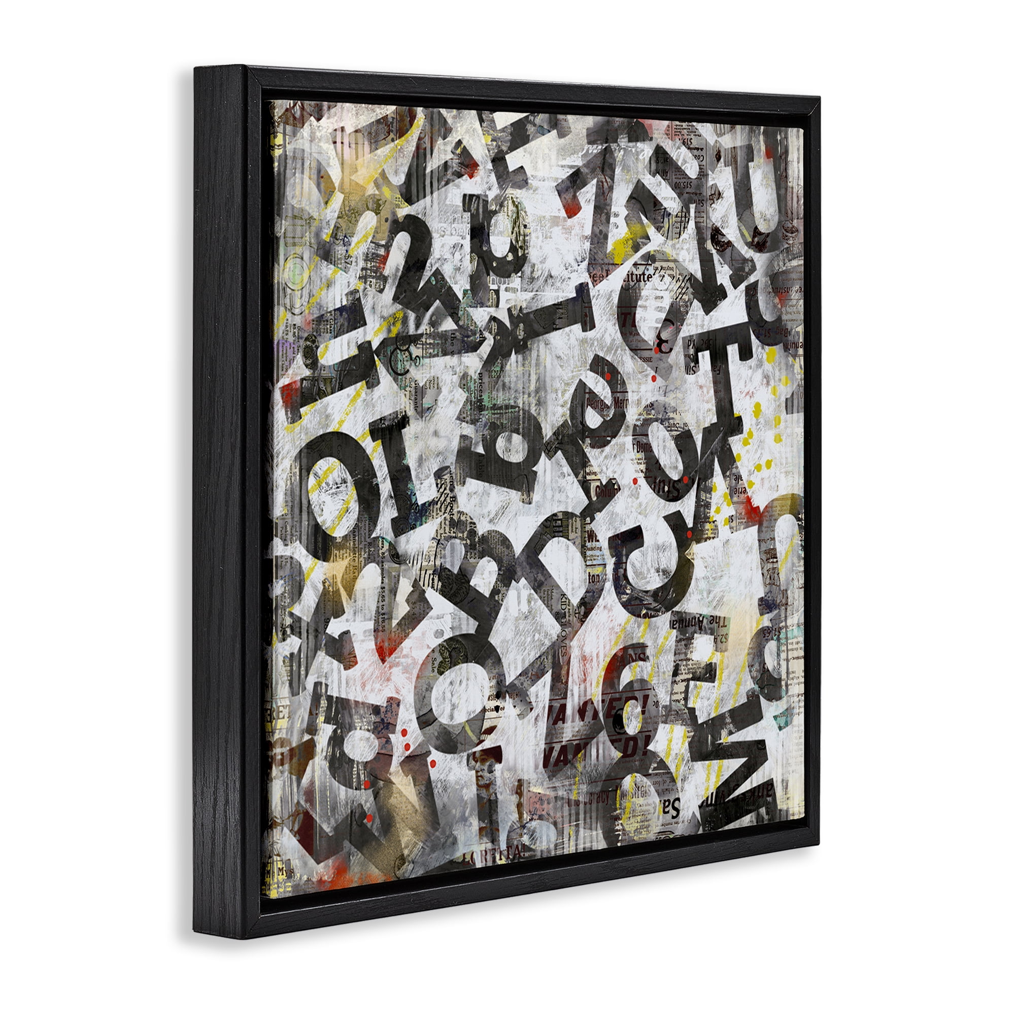 Stupell Industries Collaged Typography Letters Abstract Painting Black Floater Framed Canvas Art Print Wall Art, 25 x 25