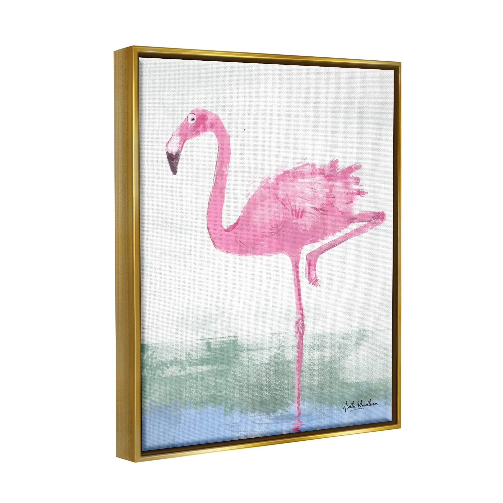 Stupell Industries Pink Flamingo Painting Animals & Insects Painting Gold Floater Framed Art Print Wall Art, 17 x 21
