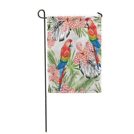 SIDONKU Red Macaw Parrots and Green Banana Palm Leaves Flowers Garden Flag Decorative Flag House Banner 12x18 inch