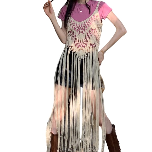 Yokua Women Tassels Tank Top Crochet Knit Sleeveless Flowy Long Dress Beach Cover Up