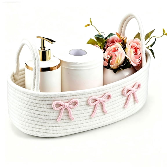Canming Bow Woven Storage Basket with Handles, Countertop Organizer for Bathroom, Bedroom, Toilet Paper & Cosmetics, White