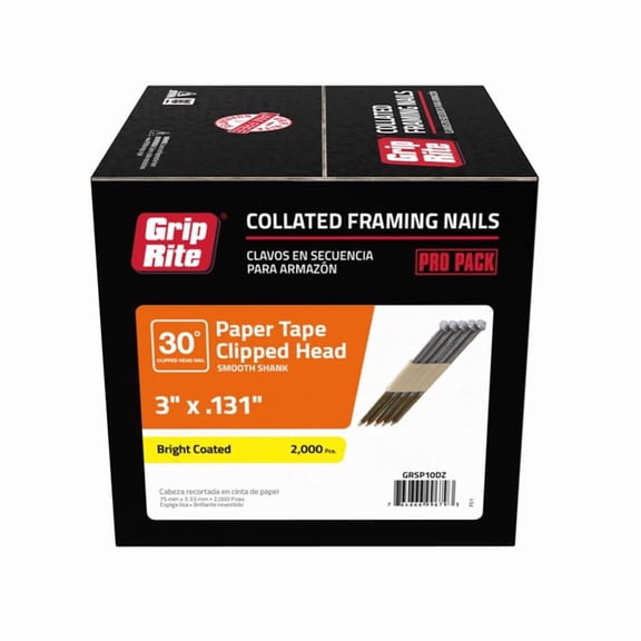 Grip-Rite GRSP10DZ Clipped Head 3-inch by .131-inch by 30 Degree Paper Tape Collated Vinyl Coated Framing Nail, 2,000 per Box