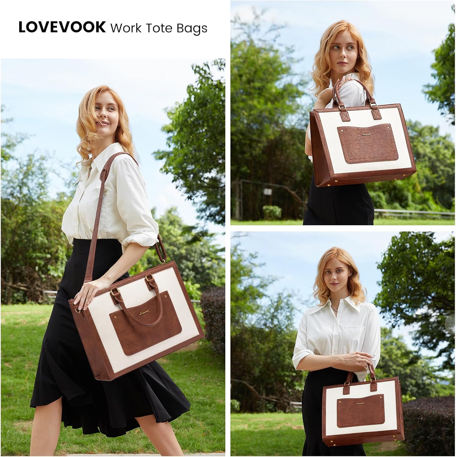 LOVEVOOK Laptop Tote Bag for Women, 15.6 Inch Work Bags, Vintage Leather Tote Bag, Waterproof Computer Bags with Clutch Purse, Large Capacity Messenger Bag for Teacher College Business Office