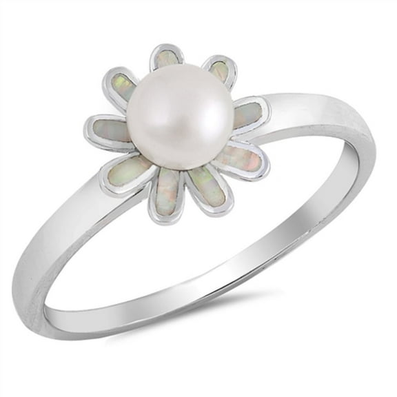 Simulated Pearl Surrounded With White Simulated Opal Flower Solitaire Ring Sterling Silver Size 10