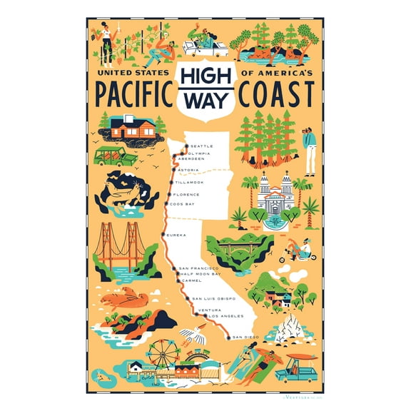 Vestiges Pacific Coast Highway Region Souvenir Tea Towel 21.5" x 32" Eco-Friendly