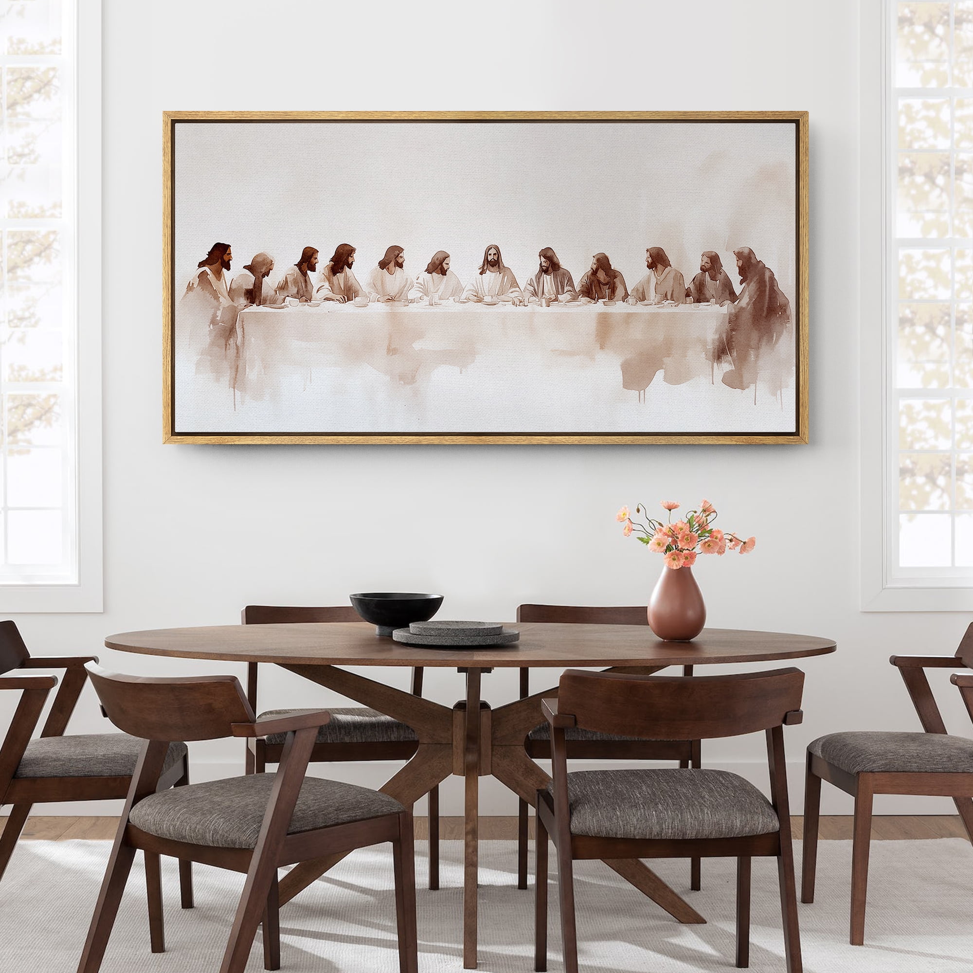 Large Framed Canvas Print The Last Supper Wall Art Decorative Ready to Hang Painting for Living room Bedroom - 60"x30" Natural Frame