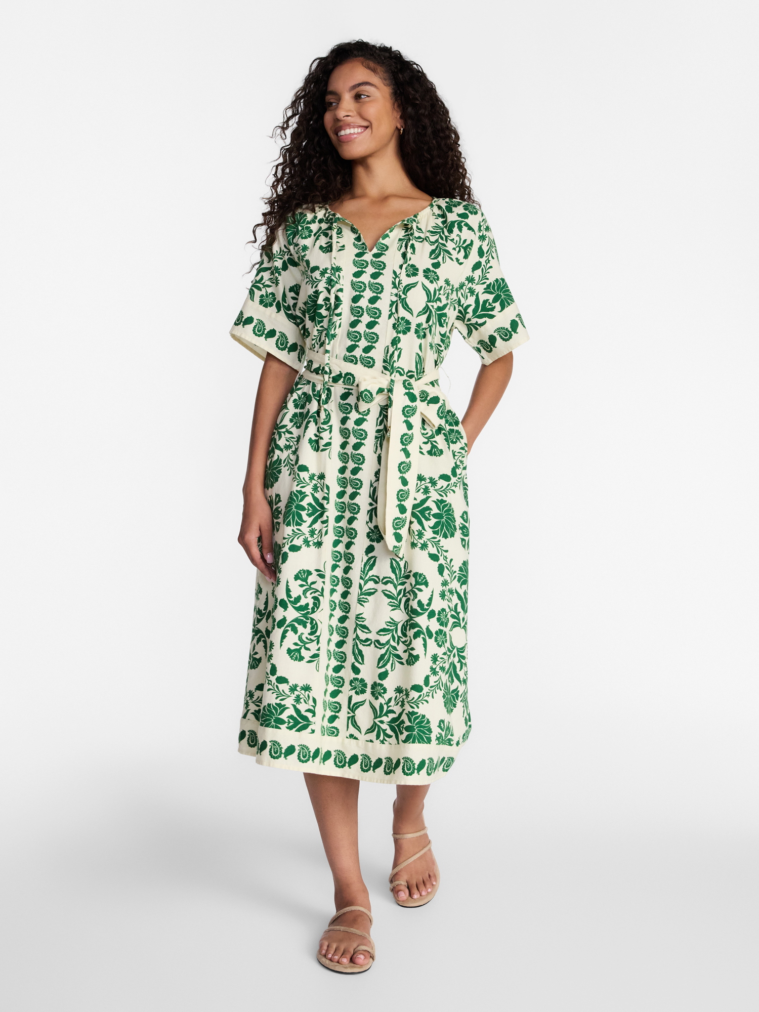 Time and Tru Women’s Border Print Linen Blend Midi Dress, Sizes XS-XXXL