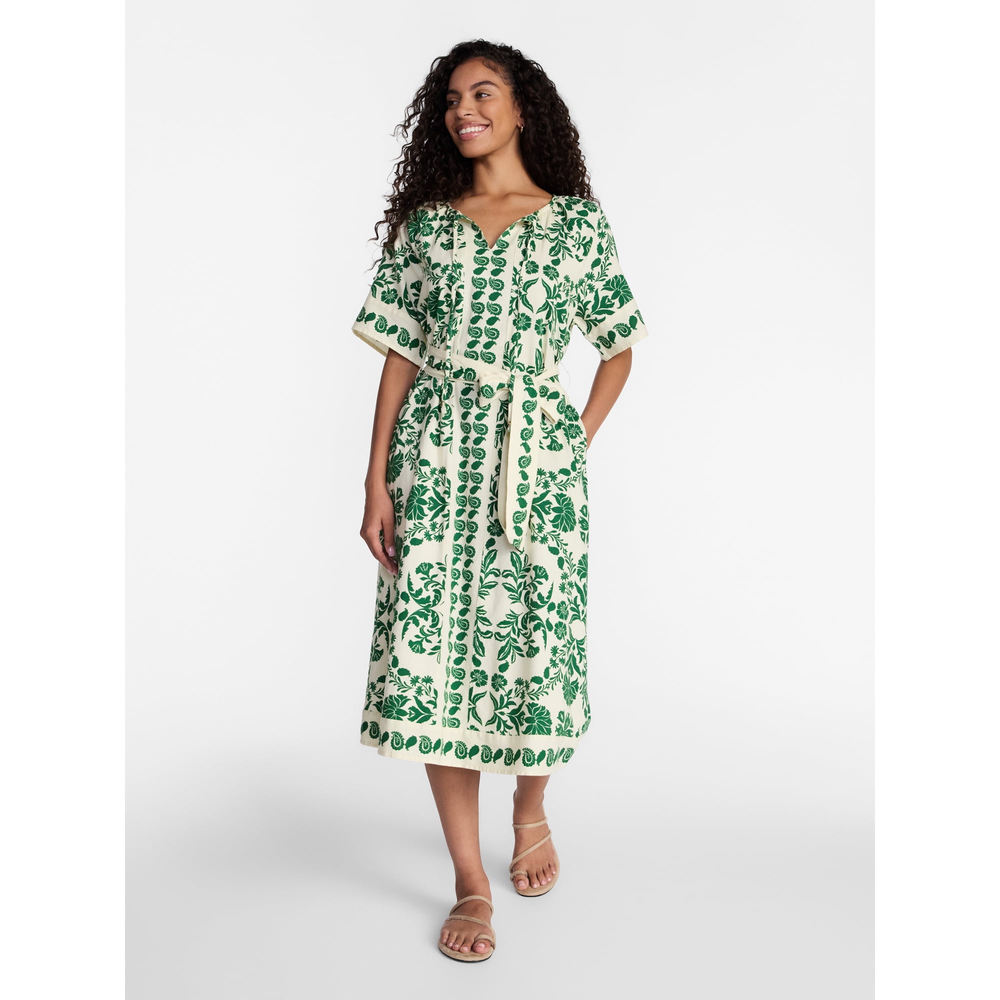 Time and Tru Women's Border Print Linen-Blend Midi Dress, Sizes XS-XXXL