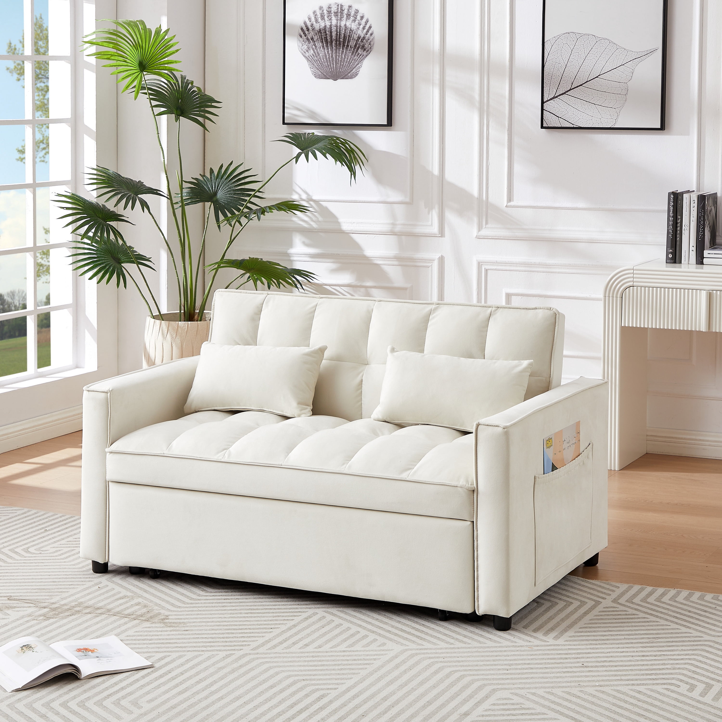 Gewnee 54" Velvet Upholstered Pull Out Sleeper Loveseat for Home,Office,Guest Room.Beige