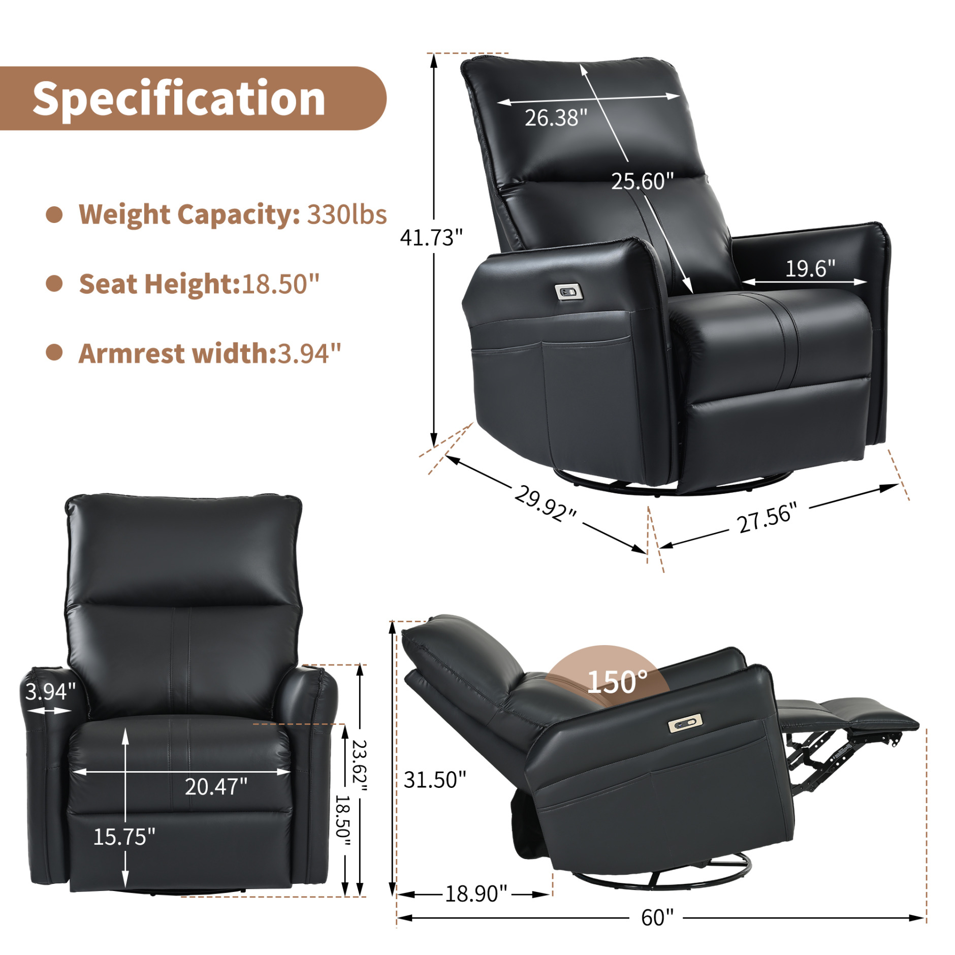 Power Swivel Rocker Recliner Chair for Adults, 270° Swivel Rocking Recliner Chair,Electric Small Recliners for Small Spaces, Single Sofa Recliner for Living Room, Bedroom,RV (Black+270°Swivel)