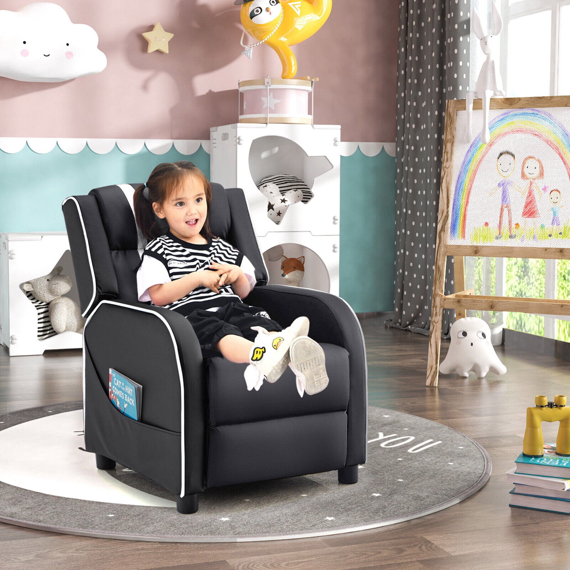 Fauteuil Inclinable Enfant En Cuir Synthétique Bleu - Avec Rangement Dans Les Accoudoirs - Poids Max 150 Kg