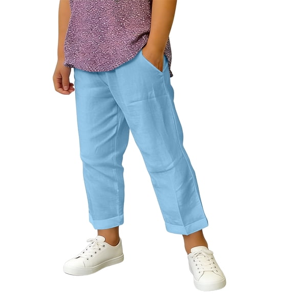 Oiangi Boys Girls Linen Pants Elastic Wiast Lightweight Ankle Pants Summer School Uniform Pants with Pockets Blue 130