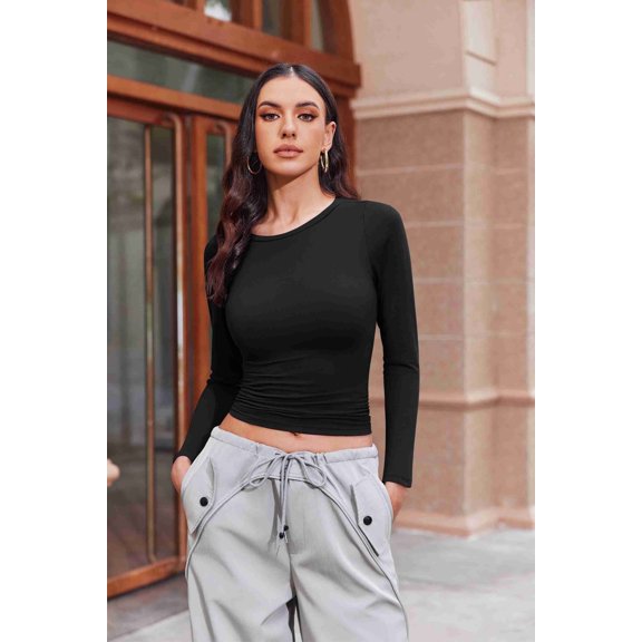Ekouaer Womens Long Sleeve Shirts Fitted Tops Stretchy Base Layer Basic Tight Thermal Undershirt